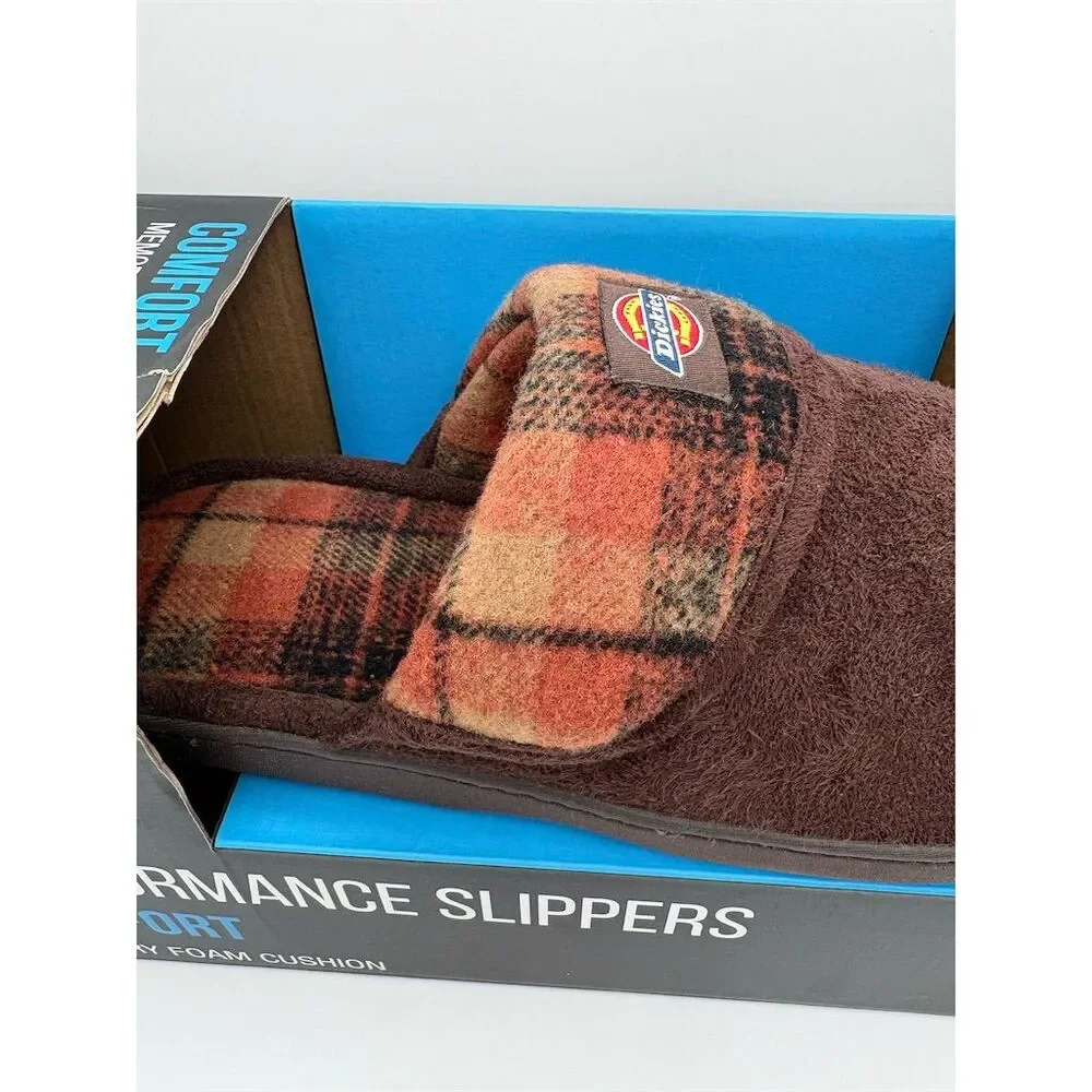 Dickies Men's Brown Plaid Slippers Size M (8-9) Memory Foam Cushion‎